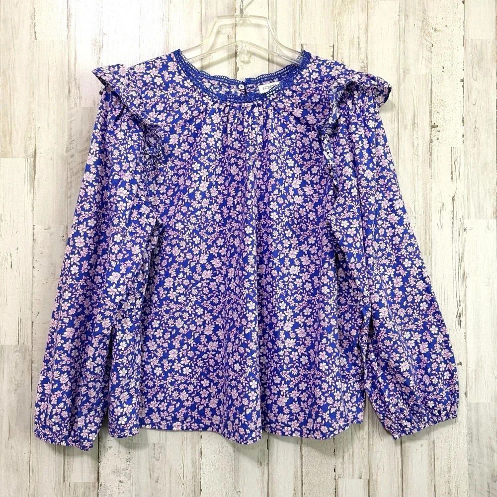 J Crew Floral Ruffle Shoulder Popover Blouse XL Blue Pink Floral Boho Summer